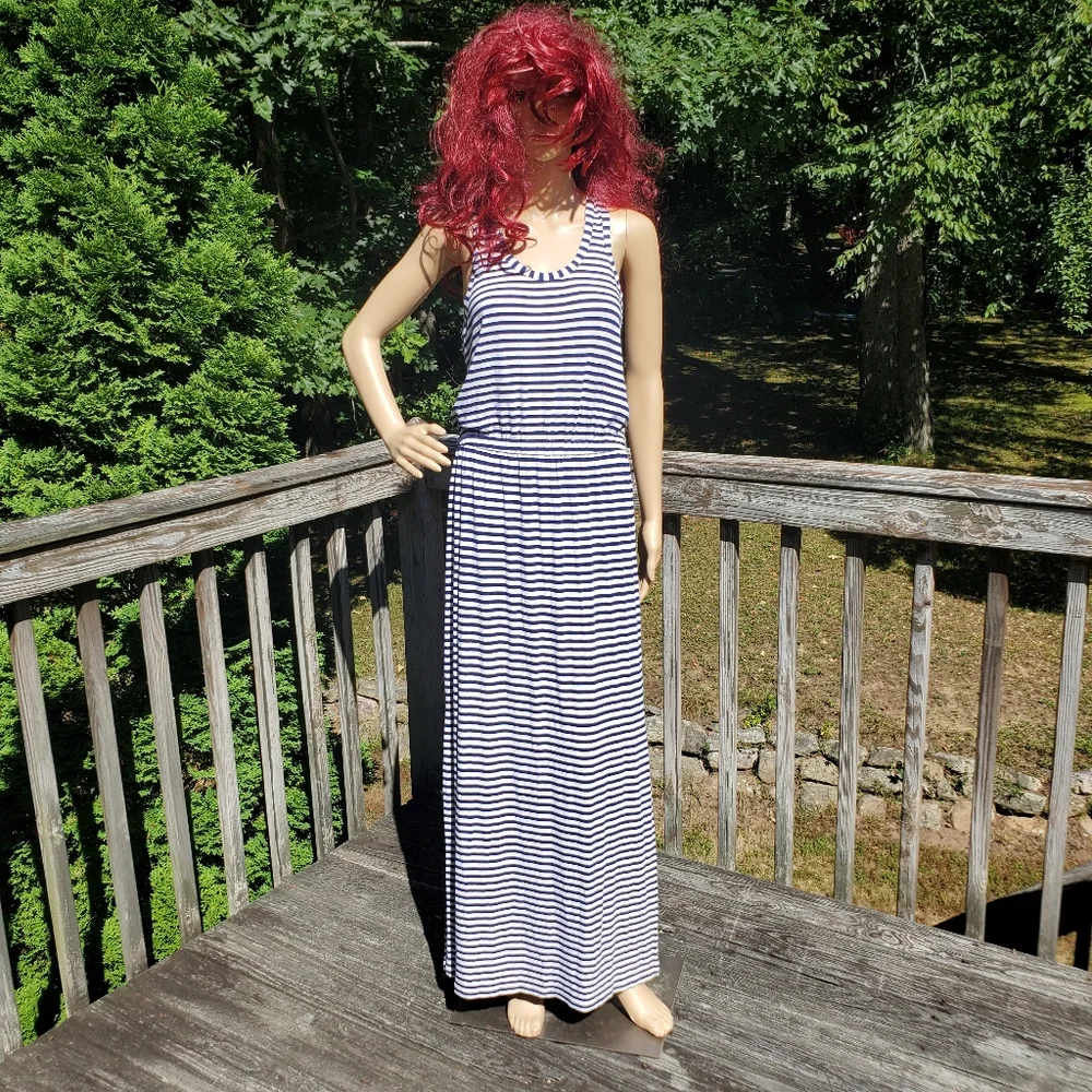 J. Crew Blue & White Stripe Racer T-back Scoop Round Neck Maxi Dress Size M - Picture 8 of 11
